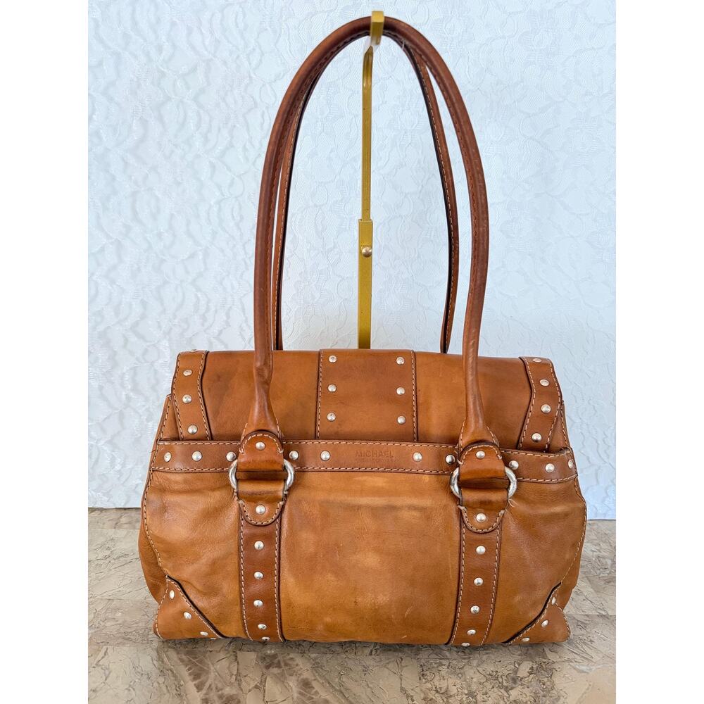 Vintage Michael Kors Astor Studded Leather Satchel Tan Cognac shoulder bag - Picture 3 of 15